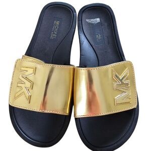 Michael Kors Gold Slip On Sandals Slides Girls 6 / Boys 5 Black Cushion Sole Sum